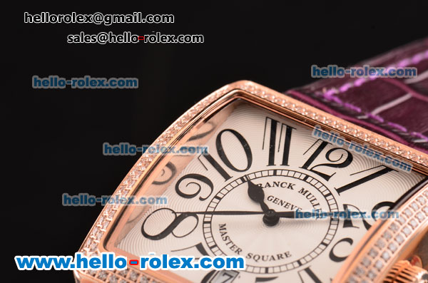 Franck Muller Master Square Swiss Quartz Rose Gold Case with Diamond bezel and Purple Leather Strap - Click Image to Close